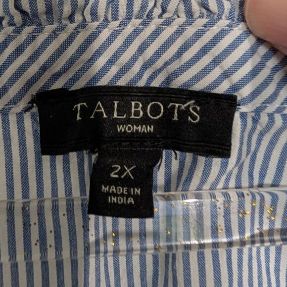 Talbots Stripe Shirt Womens Size 2X Blue 3/4 Sleeves Boho Lace Ruffle Cotton - Picture 8 of 15